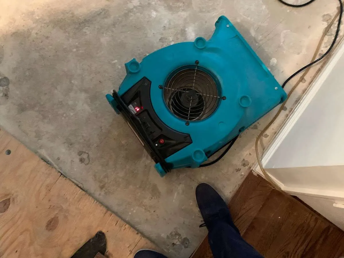 Air mover drying subfloor during Commercial Water Damage Restoration in Brookville